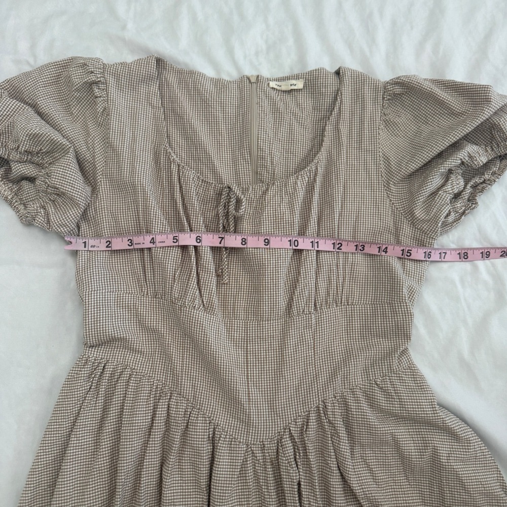 Tea n Rose Womens Cottagecore Tan Gingham Midi Dress Small Farmcore Peasant - Picture 4 of 8